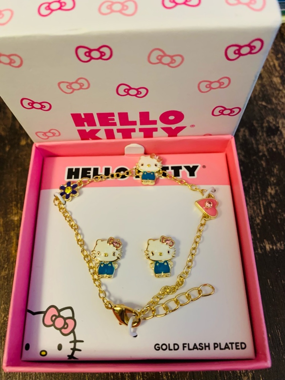 Hello Kitty Gold-Tone Pink & Blue Enamel Kids Bracelet and Earrings Set